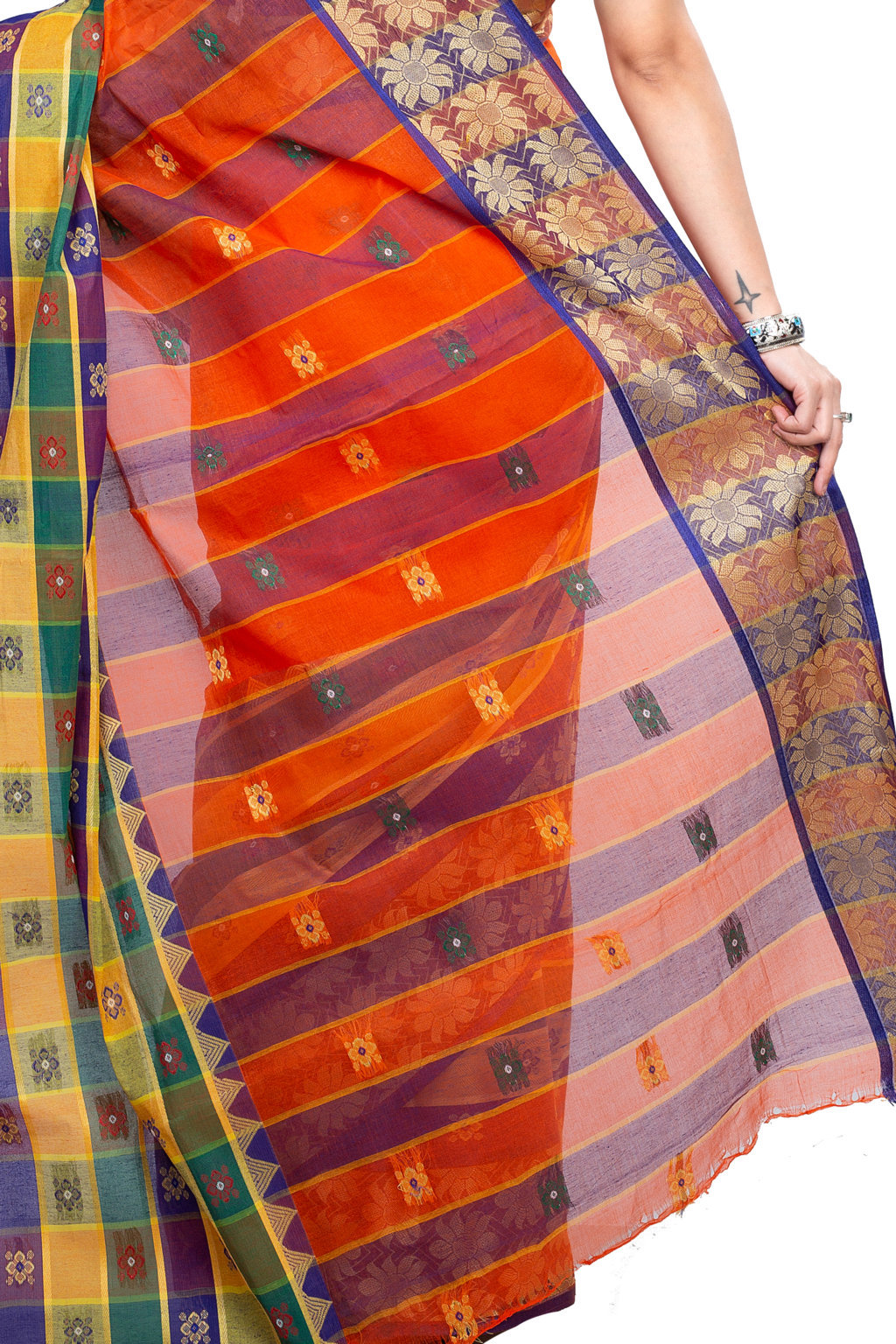 Dark Orange Pure Cotton FulPar Tant Saree (865)